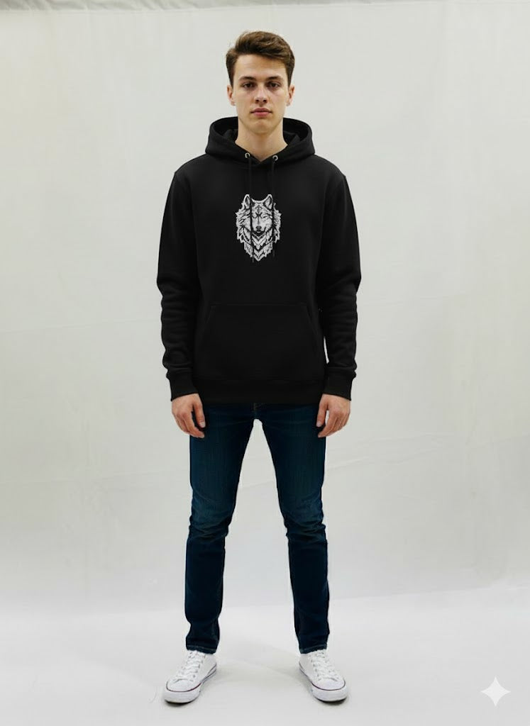 Black Hoodie with Geometric Wolf Design