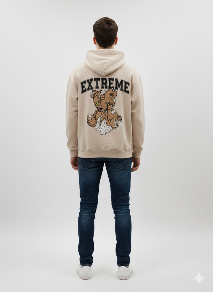 Beige “EXTREME” Hoodie with Distressed Teddy Bear Graphic