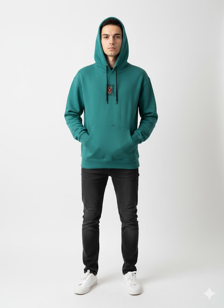 Regal Teal Hoodie with Detailed Back Graphic