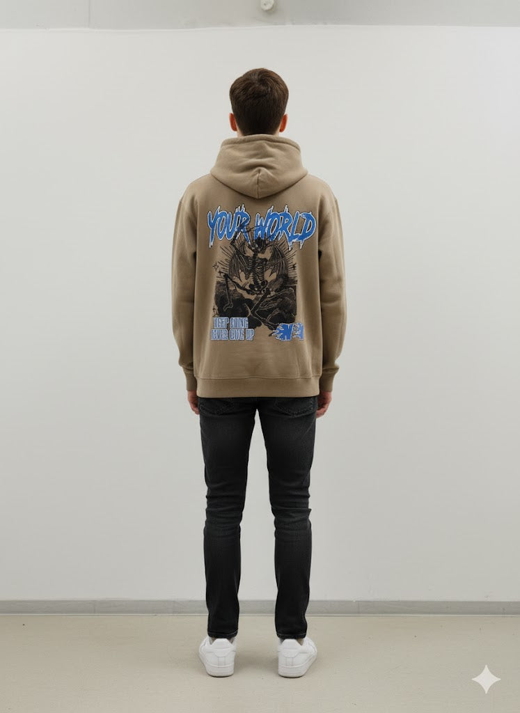 Khaki Hoodie with “Your World” Graphic Design