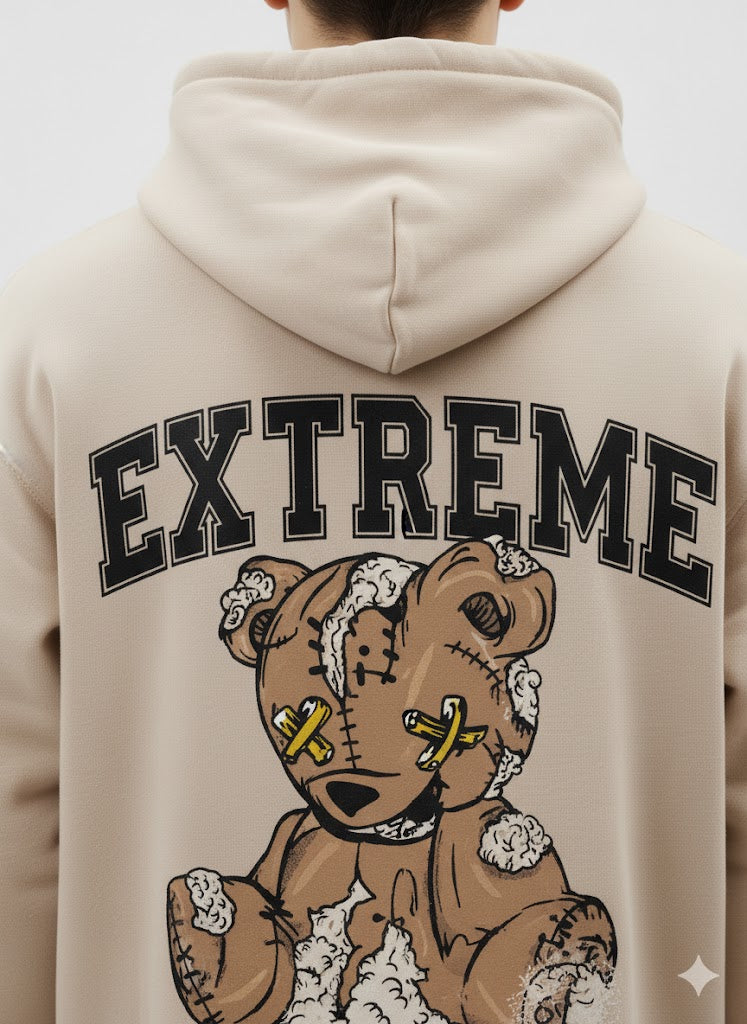 Beige “EXTREME” Hoodie with Distressed Teddy Bear Graphic