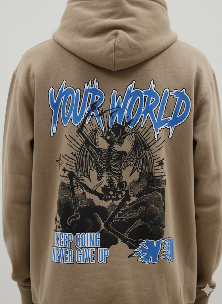 Khaki Hoodie with “Your World” Graphic Design