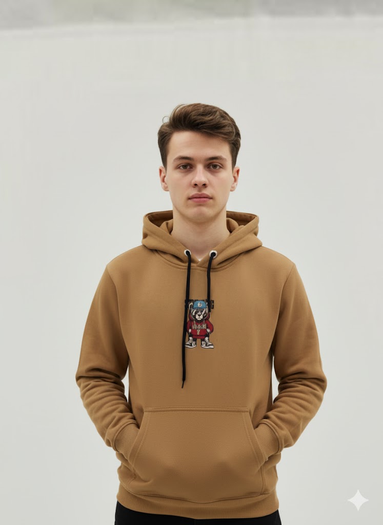 Camel Hoodie with Streetwear Bear Embroidery