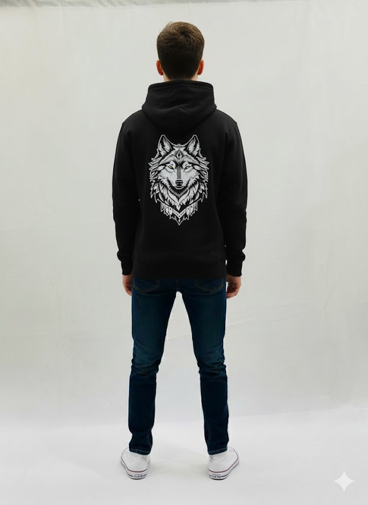 Black Hoodie with Geometric Wolf Design