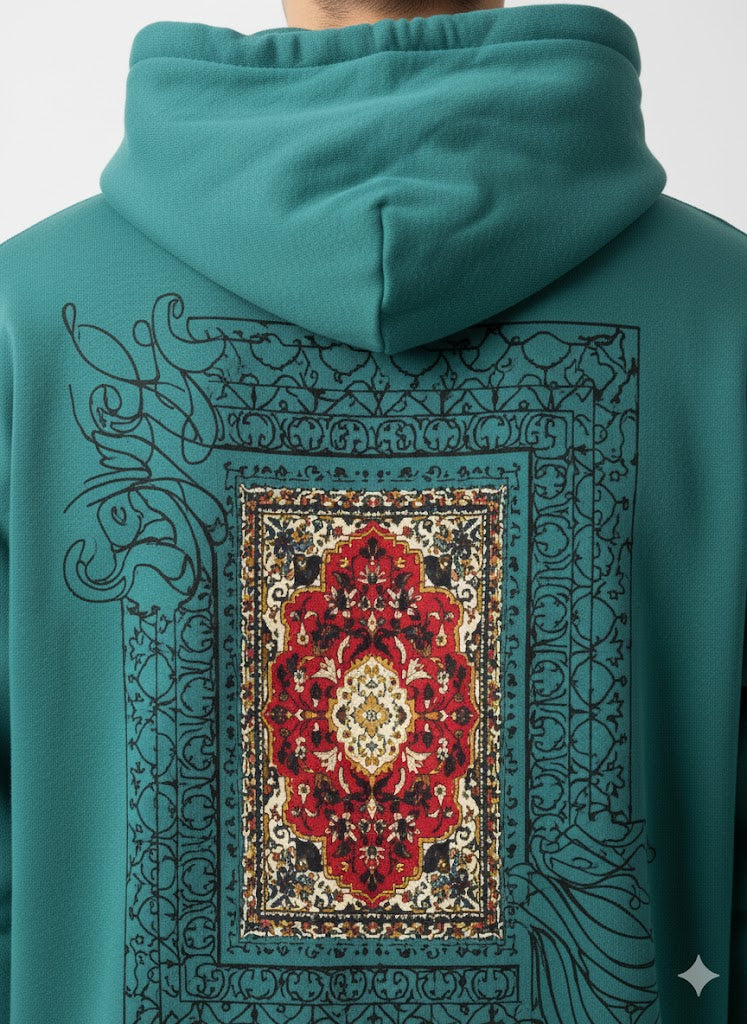 Regal Teal Hoodie with Detailed Back Graphic