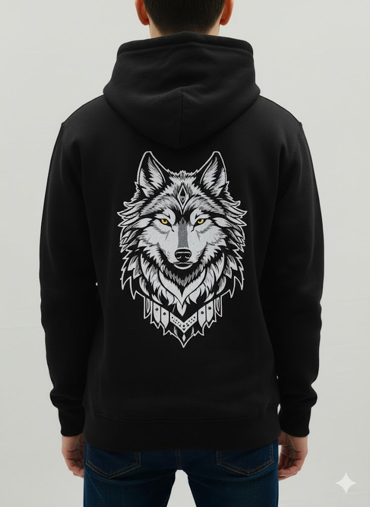 Black Hoodie with Geometric Wolf Design