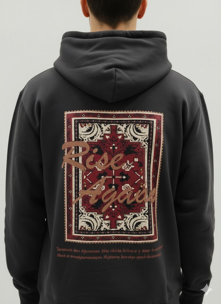 Charcoal Hoodie with “Rise Again” Vintage Tapestry Design