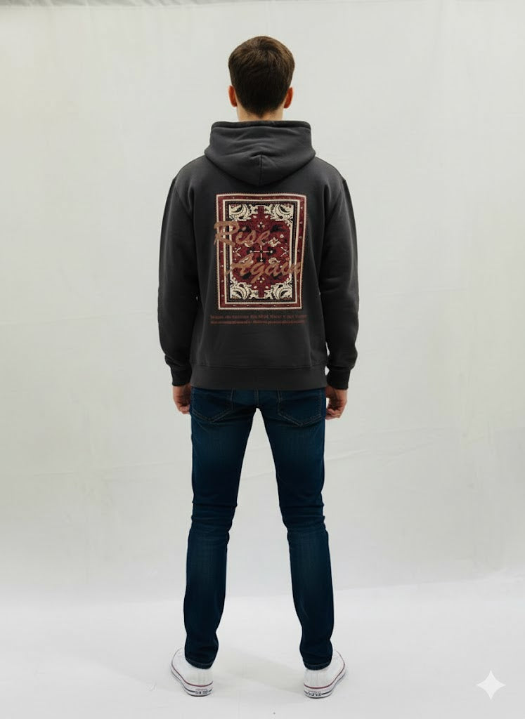 Charcoal Hoodie with “Rise Again” Vintage Tapestry Design